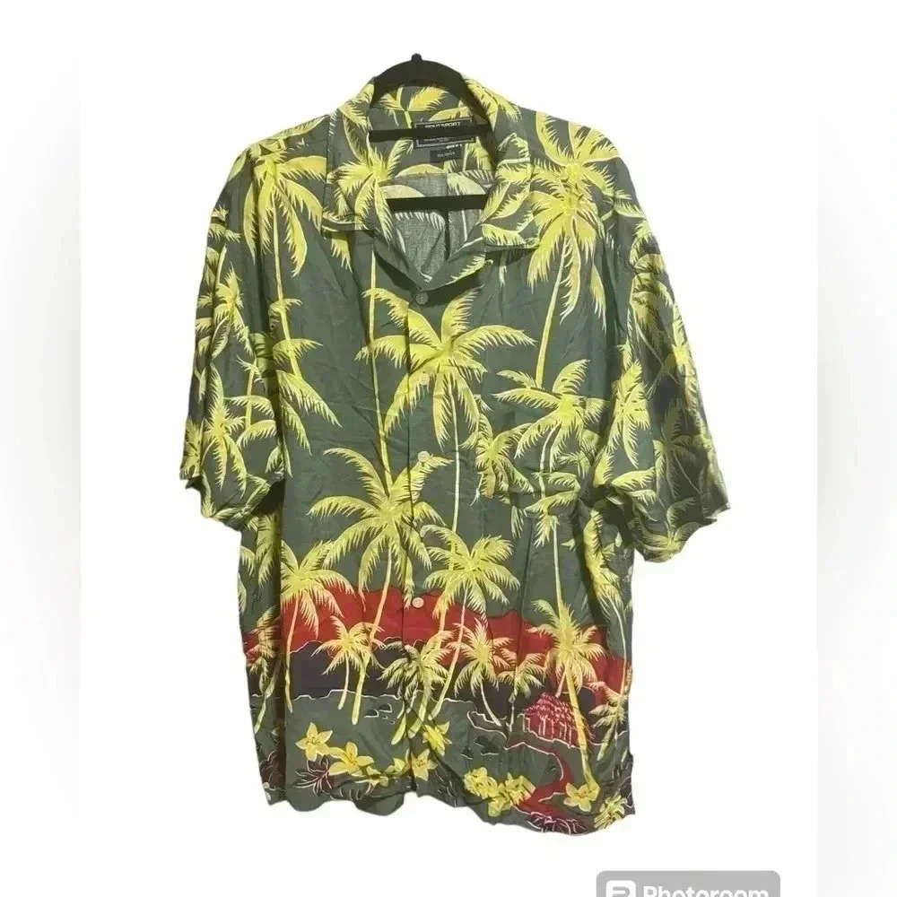Vintage Polo Sport Hawaiian Shirt Rayon Large Palm‎ Trees Green XL Ralph lauren